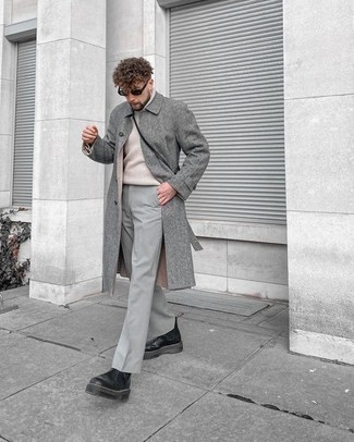 Black Sunglasses Chill Weather Outfits For Men: A grey overcoat and black sunglasses are the perfect way to inject subtle dapperness into your daily casual rotation. Want to go all out when it comes to shoes? Add black leather chelsea boots to the mix.