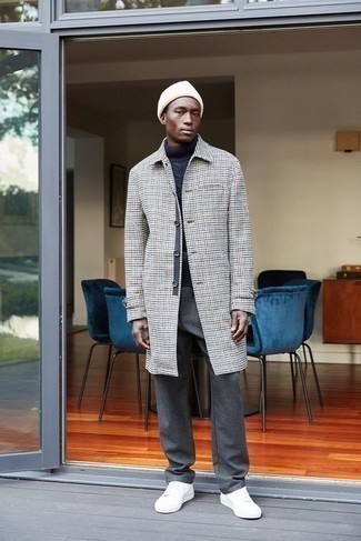 Grey Gingham Overcoat Outfits: Such essentials as a grey gingham overcoat and charcoal chinos are an easy way to introduce an air of rugged elegance into your daily casual lineup. A trendy pair of white canvas low top sneakers is an effortless way to inject a hint of stylish casualness into your ensemble.