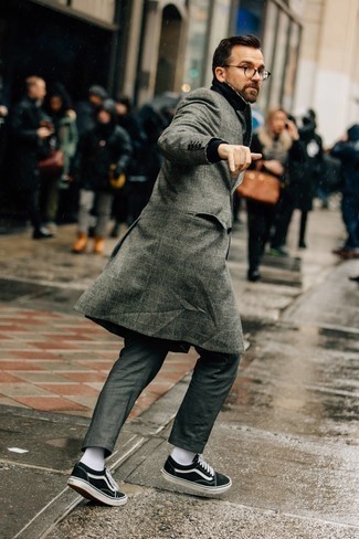 Grey Plaid Overcoat Outfits: As you can see, it doesn't require that much effort for a man to look dapper. Try teaming a grey plaid overcoat with charcoal chinos and you'll look incredibly stylish. Finishing off with a pair of black and white canvas low top sneakers is a surefire way to introduce a more relaxed finish to this look.