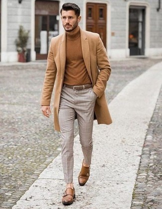Dark Brown Leather Double Monks Chill Weather Outfits: Amp up your style game in a camel overcoat and grey check chinos. Here's how to lift up this look: dark brown leather double monks.