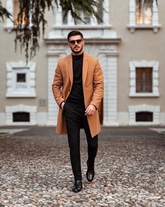Tobacco Coat Outfits For Men: For an effortlessly neat menswear style, opt for a tobacco coat and black chinos — these two items fit really well together. Infuse an added dose of sophistication into your look by finishing off with black leather chelsea boots.