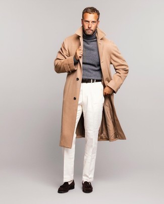 Camel Overcoat Outfits: Dress in a camel overcoat and white chinos if you're aiming for a sleek, seriously stylish ensemble. Complete this look with dark brown suede tassel loafers for a hint of elegance.