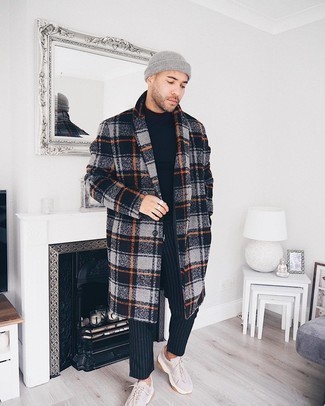 Black Plaid Overcoat Outfits: Teaming a black plaid overcoat with black vertical striped chinos is an awesome choice for a casually polished ensemble. Want to break out of the mold? Then why not introduce beige athletic shoes to the mix?