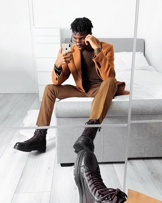 Overcoat Outfits: You'll be amazed at how extremely easy it is for any guy to throw together this casually smart outfit. Just an overcoat and brown chinos. Dark brown leather casual boots will be a stylish complement for your outfit.
