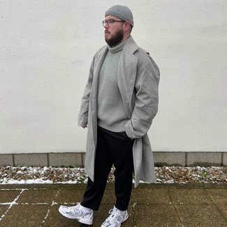 Men's Grey Overcoat, Grey Knit Wool Turtleneck, Black Chinos, Silver Athletic Shoes