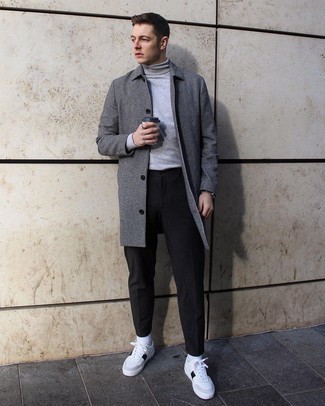 Men's Grey Check Overcoat, Grey Turtleneck, Black Chinos, White and Black Leather Low Top Sneakers