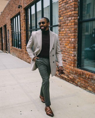 Dark Brown Turtleneck Outfits For Men: A dark brown turtleneck and dark green vertical striped chinos are absolute menswear essentials that will integrate perfectly within your day-to-day routine. Serve a little outfit-mixing magic by finishing with dark brown leather double monks.