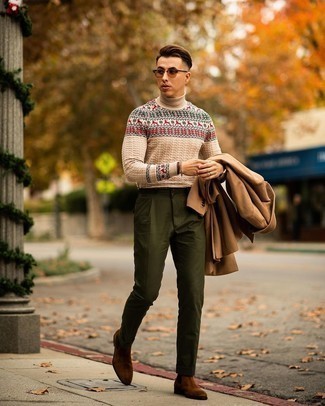 Beige Fair Isle Wool Turtleneck Outfits For Men: This pairing of a beige fair isle wool turtleneck and olive chinos provides comfort and confidence and helps keep it clean yet modern. Finishing off with a pair of dark brown suede chelsea boots is a fail-safe way to inject an extra dose of style into this outfit.