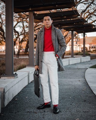 Red Socks Outfits For Men: Extremely dapper, this combo of a grey overcoat and red socks provides with variety. You could perhaps get a little creative with footwear and dress up this look with a pair of black leather tassel loafers.