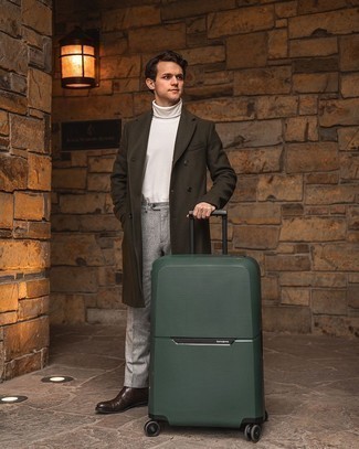Dark Green Suitcase Outfits For Men: A dark green overcoat and a dark green suitcase are a savvy outfit formula to have in your closet. For shoes, you can take the classic route with a pair of dark brown leather desert boots.
