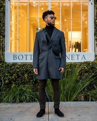 Charcoal Overcoat Outfits: This classic and casual combo of a charcoal overcoat and dark brown chinos can take on different nuances depending on how you style it. Shake up this ensemble with a pair of black suede chelsea boots.