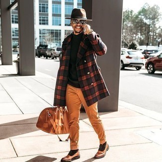 Dark Brown Wool Hat Outfits For Men: A black plaid overcoat and a dark brown wool hat are absolute menswear staples that will integrate really well within your day-to-day off-duty repertoire. Here's how to breathe a dash of class into this look: tobacco leather casual boots.