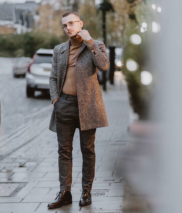 Men's Grey Check Overcoat, Tan Turtleneck, Charcoal Wool Chinos ...