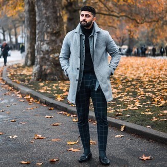 Navy Check Chinos Outfits: Go for a straightforward but polished option pairing a grey overcoat and navy check chinos. Smarten up this look with black leather loafers.