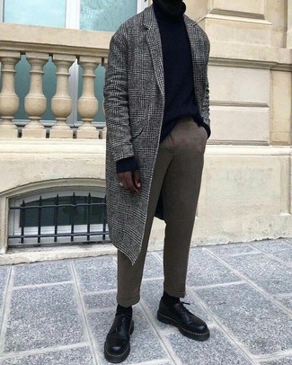 Brown Wool Dress Pants Outfits For Men: This combination of a grey plaid overcoat and brown wool dress pants is a never-failing option when you need to look incredibly elegant. A pair of black leather derby shoes will tie your whole ensemble together.