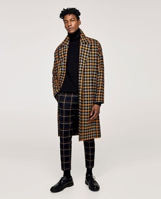 Black Check Dress Pants Outfits For Men: A yellow check overcoat and black check dress pants are a classy outfit that every modern guy should have in his closet. Make black leather derby shoes your footwear choice and you're all set looking incredible.