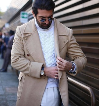 Silver Beaded Bracelet Outfits For Men: A beige overcoat and a silver beaded bracelet are a staple off-duty combo for many style-savvy guys.