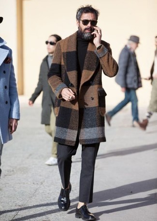 Dark Brown Check Overcoat Outfits: Opt for a dark brown check overcoat and charcoal wool dress pants for sharp style with a twist. A pair of black leather derby shoes looks perfect finishing your ensemble.