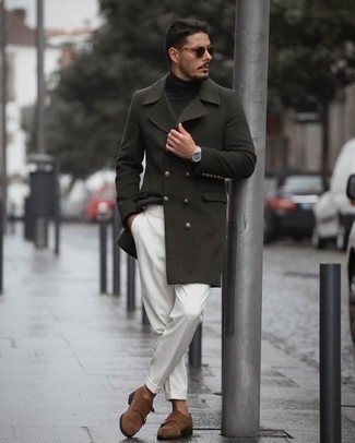 Dark Brown Suede Monks Outfits: Marrying a dark green overcoat and white dress pants is a guaranteed way to infuse your daily collection with some masculine elegance. Why not take a more laid-back approach with footwear and complement your ensemble with dark brown suede monks?