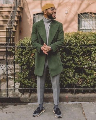 Men's Dark Green Overcoat, Grey Turtleneck, Grey Dress Pants, Charcoal Athletic Shoes