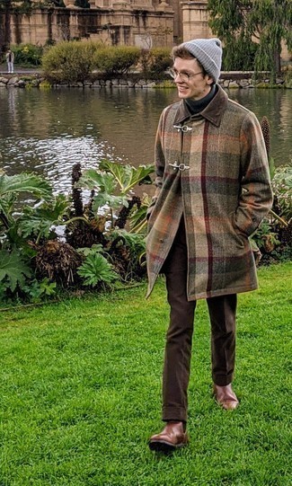 Charcoal Beanie Outfits For Men: For an outfit that's very easy but can be styled in a variety of different ways, choose a multi colored plaid overcoat and a charcoal beanie. Brown leather chelsea boots are a guaranteed way to give a dash of polish to this look.