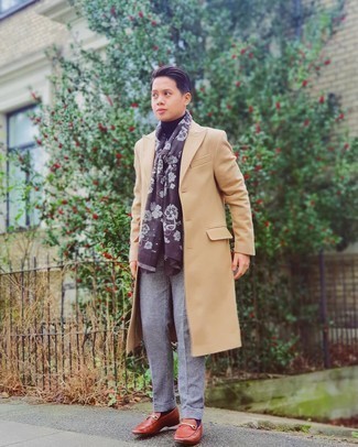 Light Violet Scarf Outfits For Men: If you're planning for a fashion situation where comfort is critical, this pairing of a camel overcoat and a light violet scarf is a no-brainer. For something more on the classier end to round off this ensemble, add tobacco leather loafers to the mix.