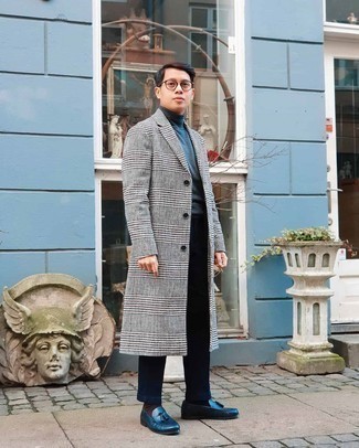 Grey Houndstooth Overcoat Outfits: A grey houndstooth overcoat and navy dress pants are absolute staples if you're figuring out a classic wardrobe that holds to the highest sartorial standards. Complement your look with a pair of navy leather tassel loafers and ta-da: your getup is complete.