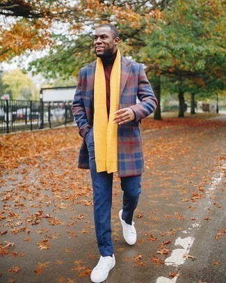 Mustard Scarf Outfits For Men: Nail the effortlessly dapper ensemble in a multi colored plaid overcoat and a mustard scarf. You know how to give an added touch of style to this outfit: white canvas low top sneakers.