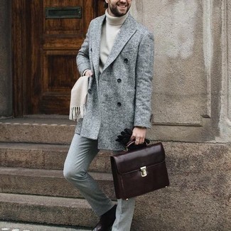 Beige Scarf Outfits For Men: This laid-back combo of a grey overcoat and a beige scarf is a real life saver when you need to look stylish in a flash. Inject this look with a hint of polish by finishing off with a pair of dark brown leather chelsea boots.