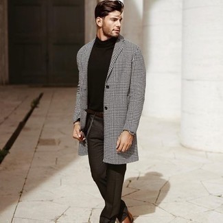 Grey Plaid Overcoat Outfits: This combination of a grey plaid overcoat and dark brown dress pants is a fail-safe option when you need to look like a proper gent. Our favorite of a great number of ways to round off this look is a pair of tobacco leather chelsea boots.
