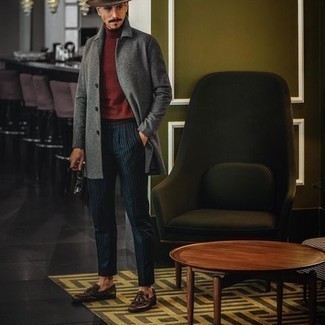 Navy Vertical Striped Dress Pants Outfits For Men: We're loving how this combination of a grey overcoat and navy vertical striped dress pants immediately makes you look stylish and refined. Add a pair of dark brown fringe leather loafers to the mix and ta-da: this getup is complete.