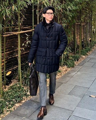 Navy Quilted Overcoat Outfits: This combination of a navy quilted overcoat and grey dress pants is seriously smart and provides instant class. Let your outfit coordination credentials really shine by finishing off this look with brown leather monks.