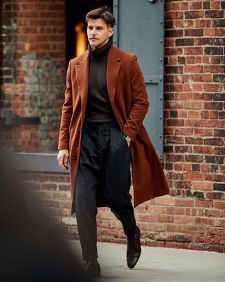 Dark Brown Leather Derby Shoes Dressy Outfits: This combination of a tobacco overcoat and black dress pants is a goofproof option when you need to look extra classy. Hesitant about how to finish? Complement your outfit with a pair of dark brown leather derby shoes to shake things up.