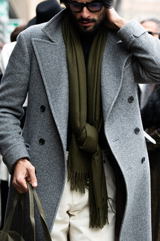 Charcoal Herringbone Overcoat Outfits: A charcoal herringbone overcoat and white dress pants are an incredibly smart outfit to try.