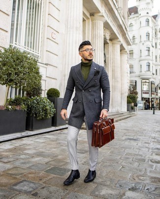 Dark Green Wool Turtleneck Outfits For Men: This pairing of a dark green wool turtleneck and white dress pants is the definition of manly refinement. When it comes to footwear, this look pairs perfectly with black leather chelsea boots.