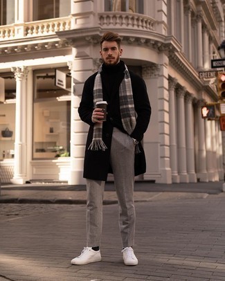 Charcoal Wool Dress Pants Outfits For Men: This refined combo of a black overcoat and charcoal wool dress pants is a common choice among the trendsetting chaps. And if you wish to instantly dial down this look with one single piece, why not complete your look with white canvas low top sneakers?