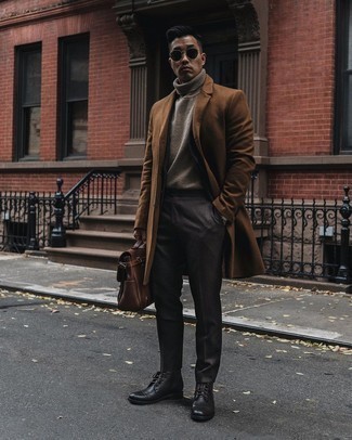 Men's Brown Overcoat, Brown Wool Turtleneck, Charcoal Dress Pants, Black Leather Casual Boots