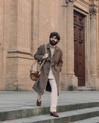 Beige Canvas Messenger Bag Outfits: Teaming a brown houndstooth overcoat with a beige canvas messenger bag is a smart pick for a casual yet dapper outfit. Tap into some David Beckham dapperness and introduce brown suede loafers to the mix.