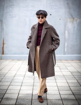 Purple Turtleneck Outfits For Men: This getup suggests it is totally worth investing in such smart menswear pieces as a purple turtleneck and khaki dress pants. On the footwear front, this ensemble is complemented nicely with brown suede loafers.