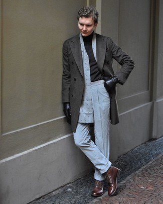 Men's Charcoal Overcoat, Black Turtleneck, Grey Dress Pants, Dark Brown Leather Casual Boots