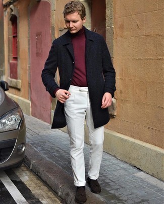 White Corduroy Dress Pants Outfits For Men: Putting together a black overcoat with white corduroy dress pants is an on-point option for a classic and classy ensemble. And if you need to immediately dial down your getup with footwear, complement your outfit with dark brown suede tassel loafers.