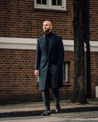 Charcoal Wool Dress Pants Outfits For Men: This combination of a navy overcoat and charcoal wool dress pants will add sophisticated essence to your outfit. Our favorite of a countless number of ways to complete this ensemble is with dark brown leather oxford shoes.