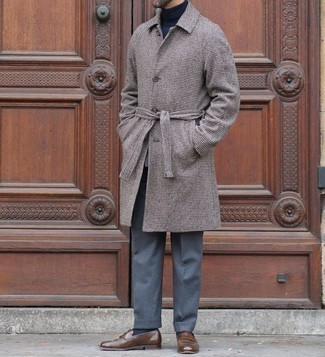 Men's Brown Houndstooth Overcoat, Navy Turtleneck, Grey Dress Pants, Brown Leather Loafers