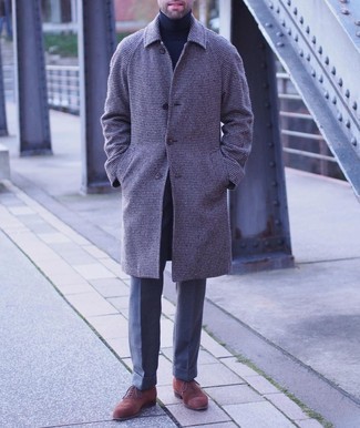 Men's Dark Brown Houndstooth Overcoat, Navy Turtleneck, Grey Wool Dress Pants, Brown Suede Oxford Shoes
