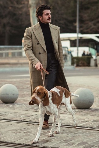 Beige Plaid Overcoat Outfits: This pairing of a beige plaid overcoat and dark brown wool dress pants comes to rescue when you need to look refined and truly dapper. A nice pair of brown suede tassel loafers ties this outfit together.