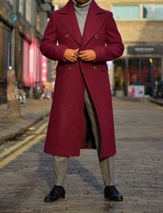 Red Overcoat Outfits: To look like a modern gentleman, try teaming a red overcoat with grey dress pants. Complete this look with black leather loafers to give a touch of stylish nonchalance to your look.