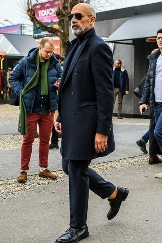 Navy Overcoat Outfits: This classy combo of a navy overcoat and navy vertical striped dress pants will allow you to exhibit your sartorial expertise. When it comes to shoes, this look pairs nicely with black leather derby shoes.