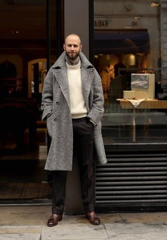 Men's Grey Herringbone Overcoat, White Knit Wool Turtleneck, Dark Brown Wool Dress Pants, Dark Brown Leather Tassel Loafers