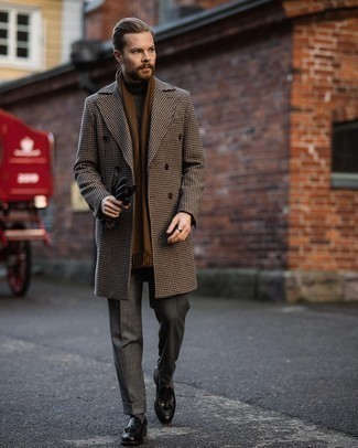 Brown Houndstooth Overcoat Outfits: A brown houndstooth overcoat and charcoal check dress pants make for the ultimate elegant outfit. Black leather tassel loafers look perfect completing this ensemble.