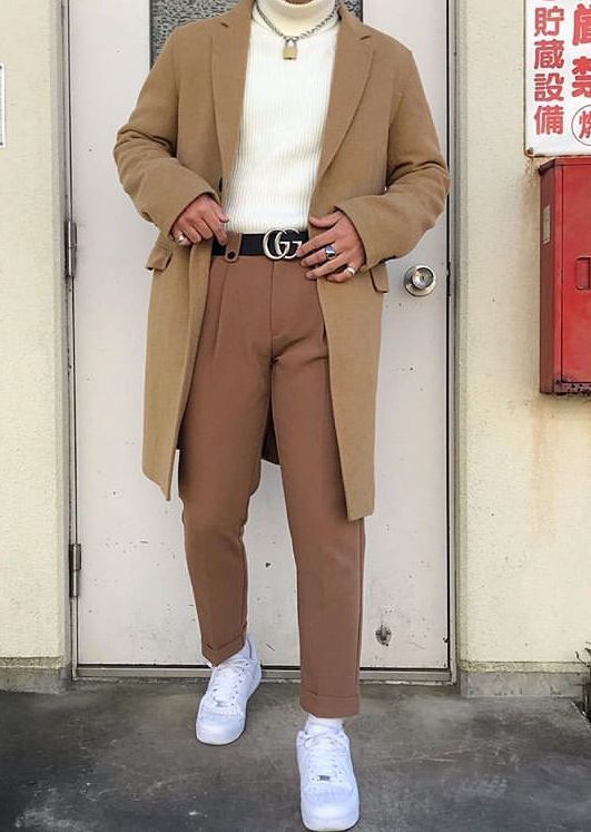 Men's Camel Overcoat, White Knit Turtleneck, Brown Dress Pants